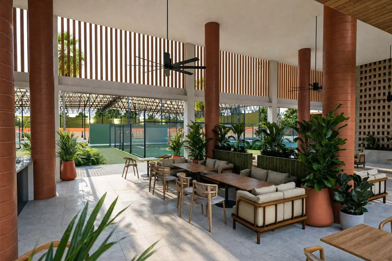 Lounge del edificio principal con vistas a las pistas